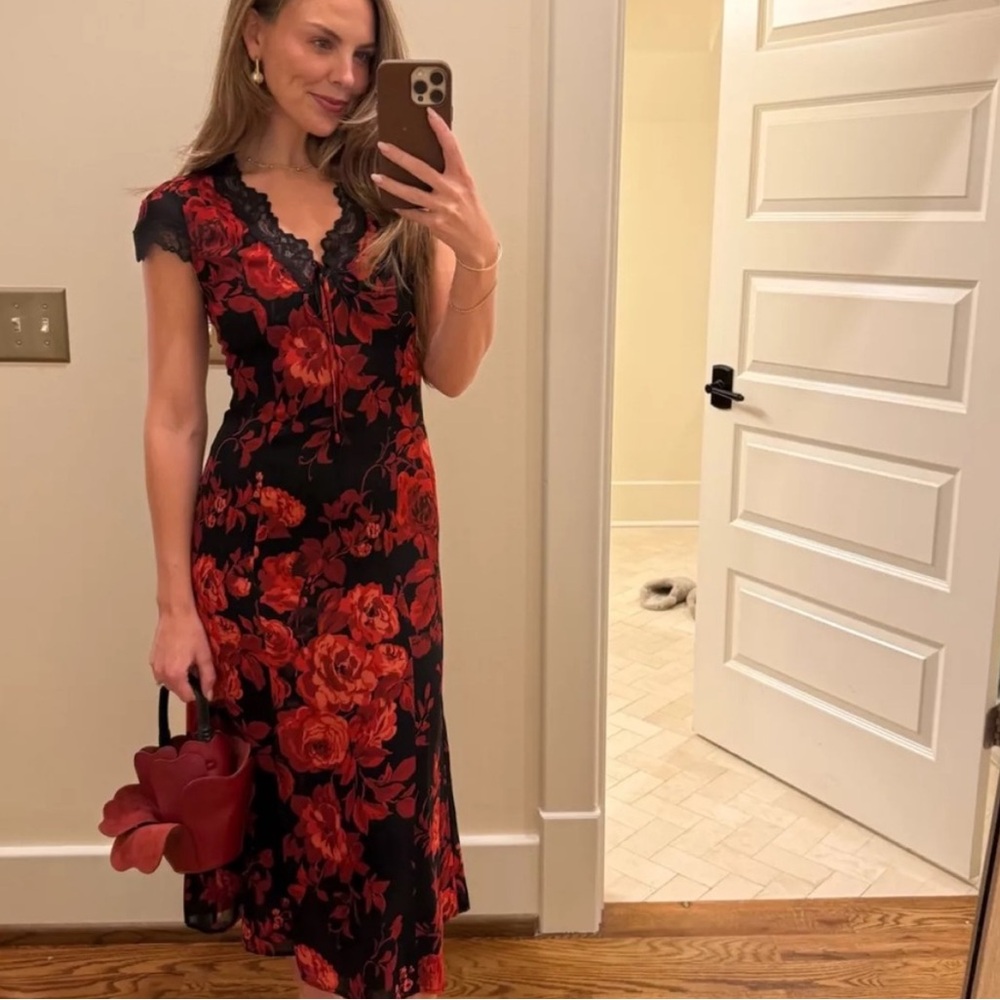 Reformation Black Dress with Red Floral Design